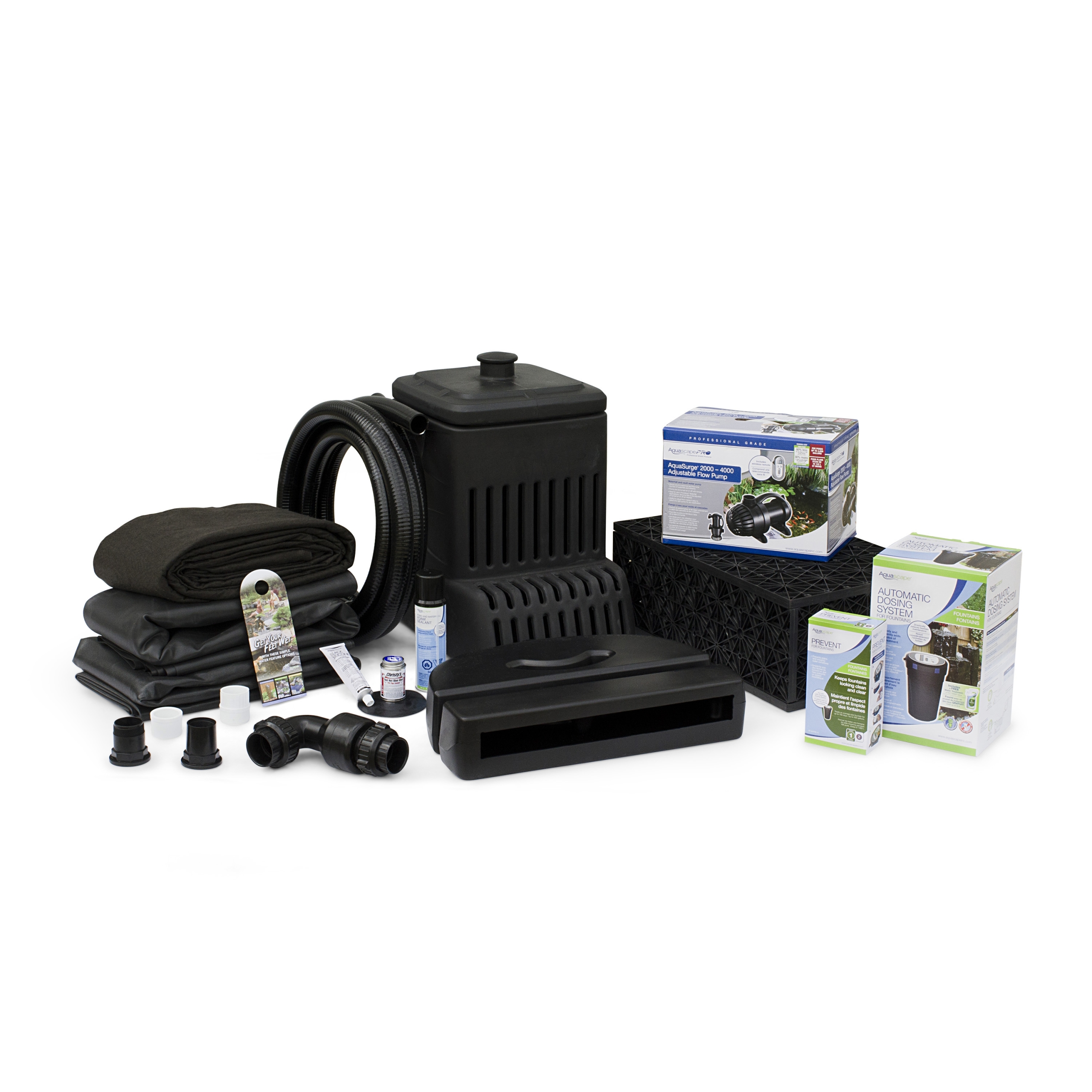 These are Aquascape Pond Kits. This is a small pondless water garden installation kit. It includes everything required to install a pondless water garden at home. This complete set of pondless water garden pieces allows one to install a pondless water garden outside or near their house. The end result is a beautiful water feature.