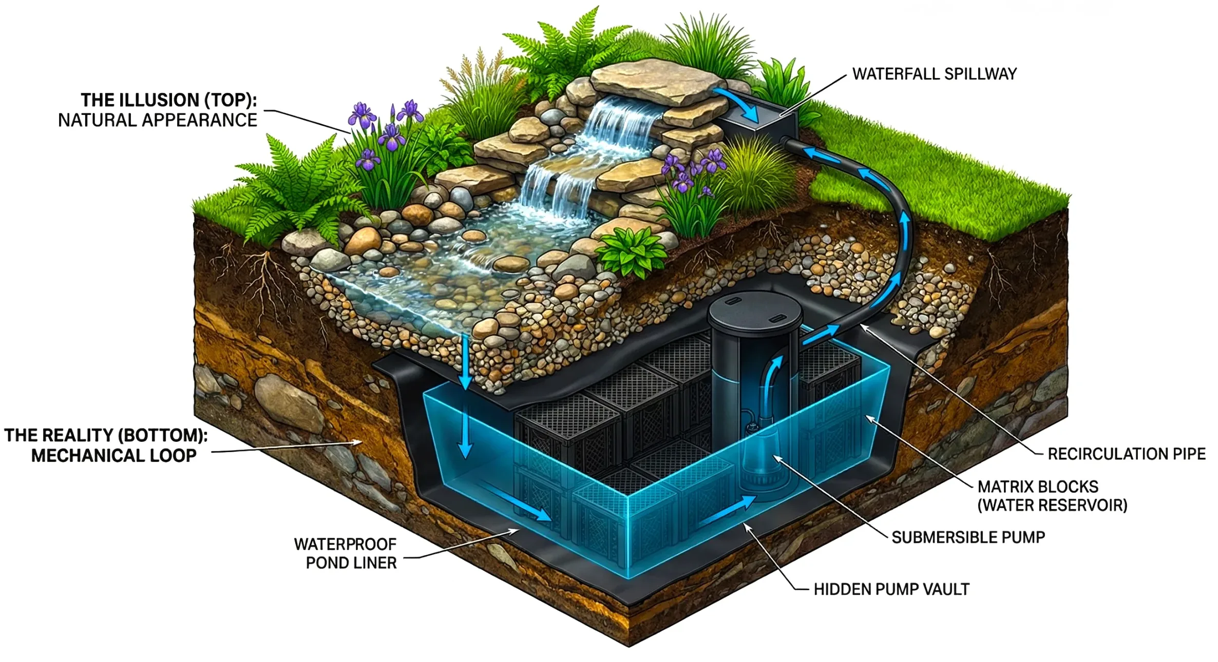 pondless waterfall infographic, meyer aquascapes, 2025